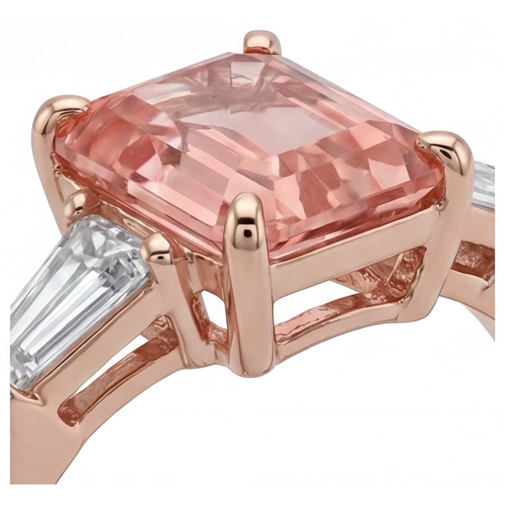 Emerald Lab Grown Padparadscha and Lab Grown Diamond Three Stone Ring 14K Rose Gold
