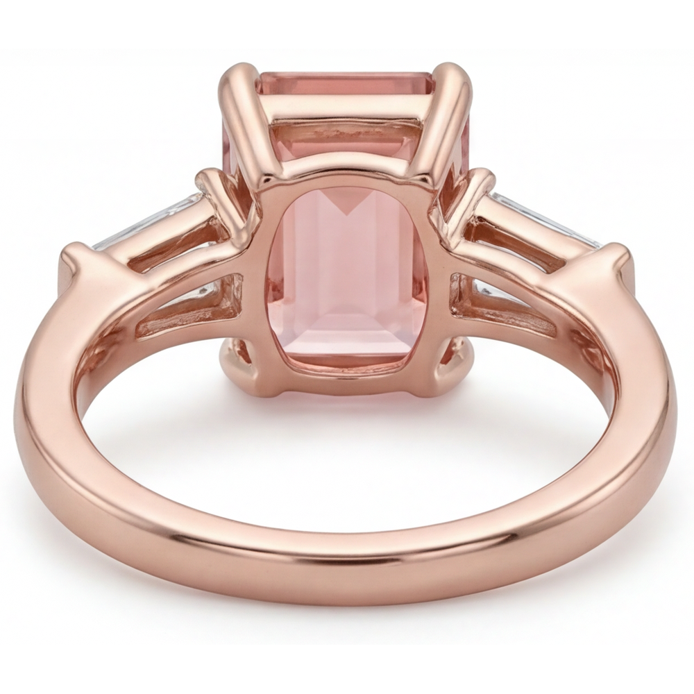 Emerald Lab Grown Padparadscha and Lab Grown Diamond Three Stone Ring 14K Rose Gold