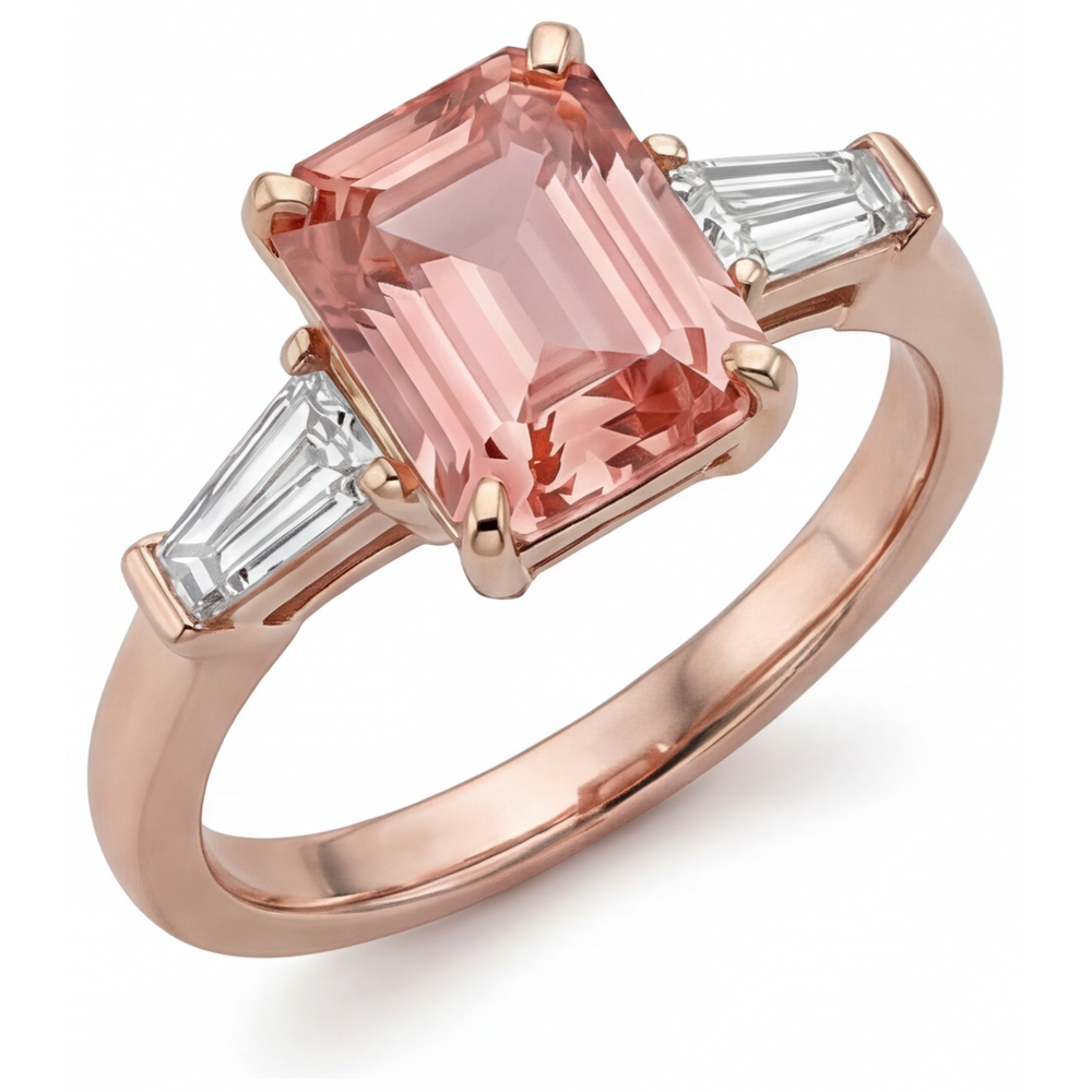 Emerald Lab Grown Padparadscha and Lab Grown Diamond Three Stone Ring 14K Rose Gold