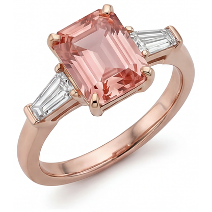 Emerald Lab Grown Padparadscha and Lab Grown Diamond Three Stone Ring 14K Rose Gold