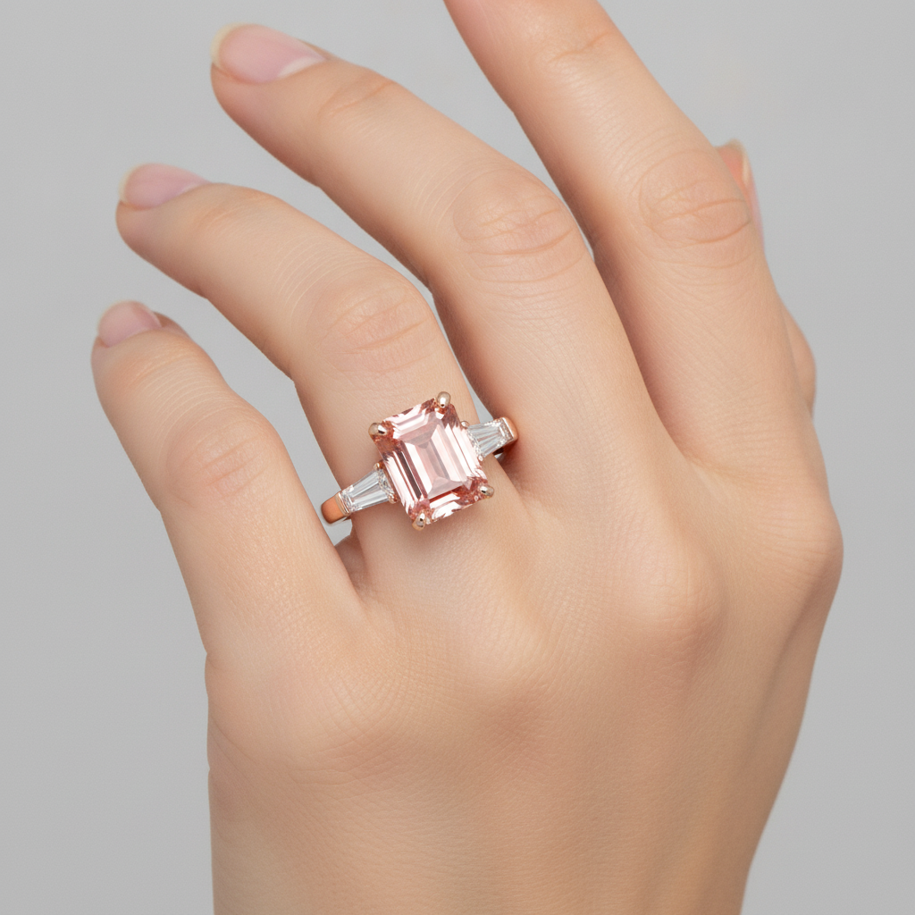 Emerald Lab Grown Padparadscha and Lab Grown Diamond Three Stone Ring 14K Rose Gold