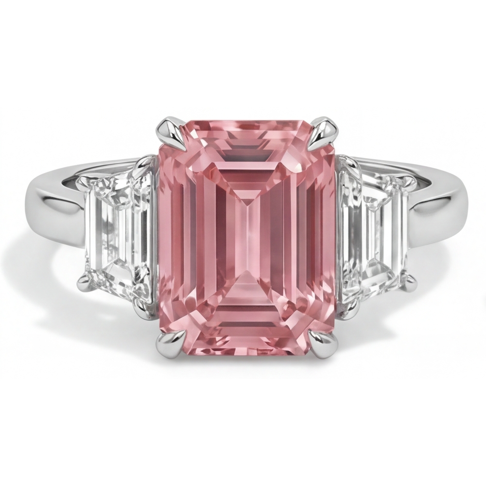 Emerald Lab Grown Padparadscha and Lab Grown Diamond Three Stone Ring 14K White Gold