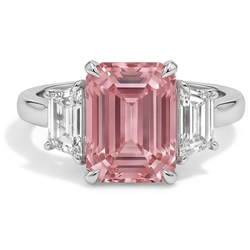 Emerald Lab Grown Padparadscha and Diamond Three Stone Ring 14K White Gold