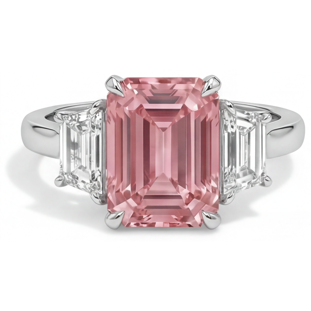 Emerald Lab Grown Padparadscha and Lab Grown Diamond Three Stone Ring 14K White Gold