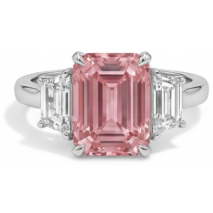 Emerald Lab Grown Padparadscha and Lab Grown Diamond Three Stone Ring 14K White Gold
