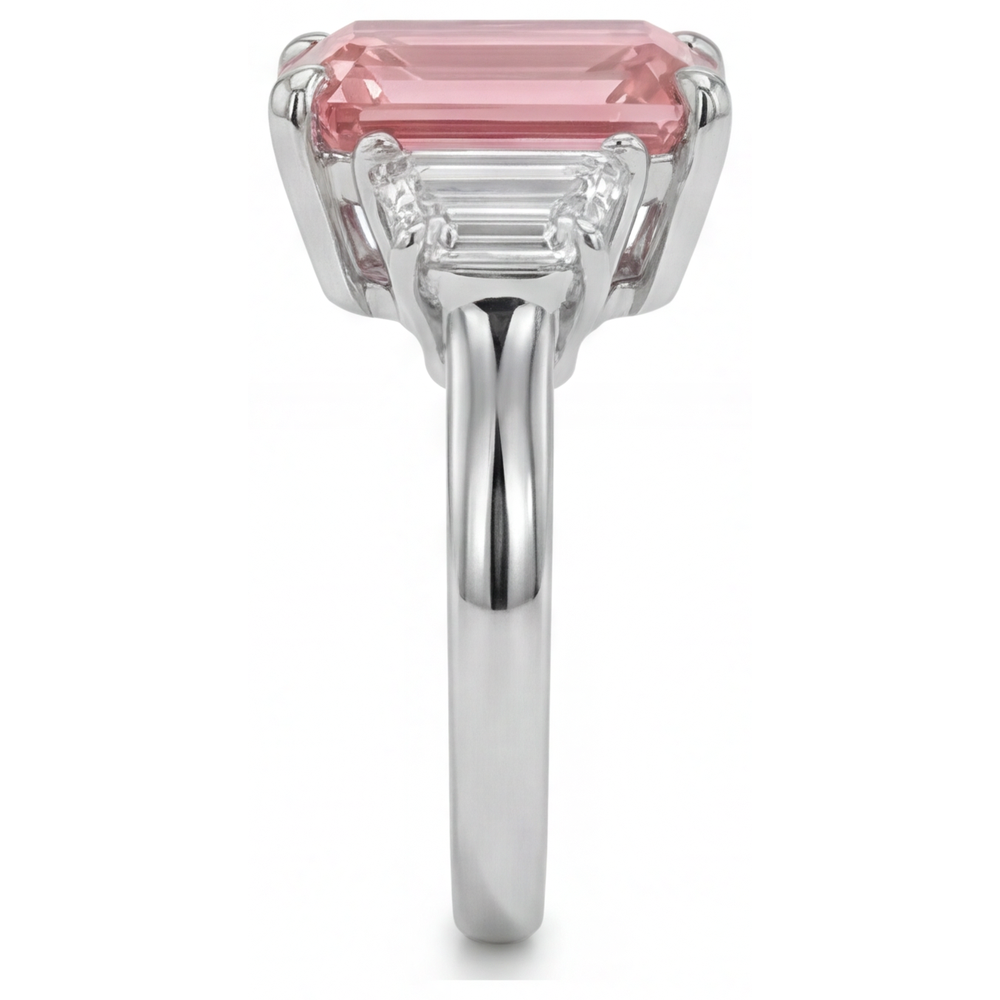 Emerald Lab Grown Padparadscha and Lab Grown Diamond Three Stone Ring 14K White Gold