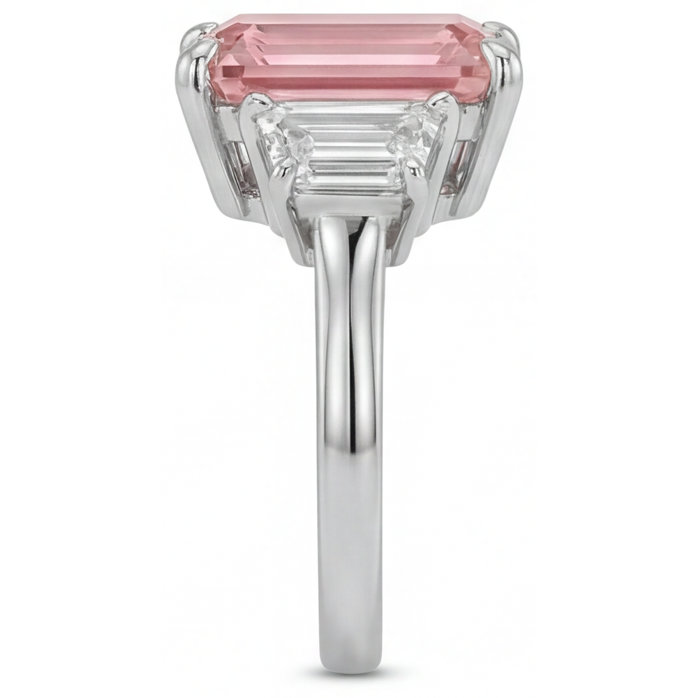 Emerald Lab Grown Padparadscha and Lab Grown Diamond Three Stone Ring 14K White Gold
