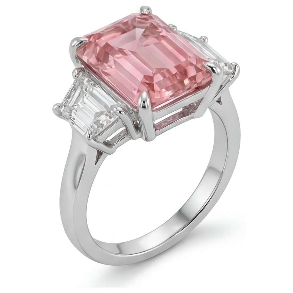 Emerald Lab Grown Padparadscha and Lab Grown Diamond Three Stone Ring 14K White Gold