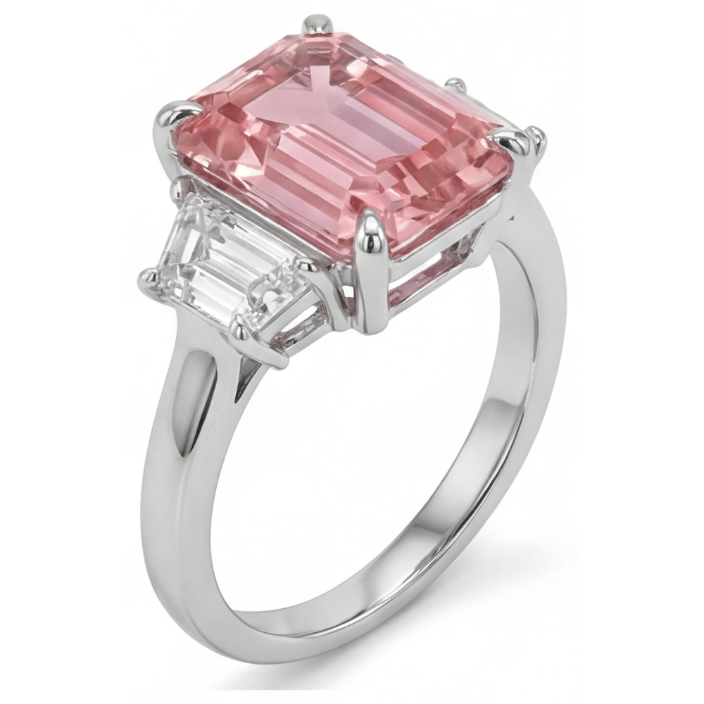 Emerald Lab Grown Padparadscha and Lab Grown Diamond Three Stone Ring 14K White Gold