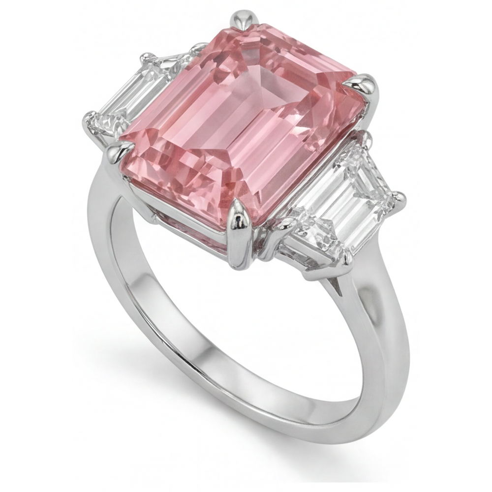 Emerald Lab Grown Padparadscha and Lab Grown Diamond Three Stone Ring 14K White Gold