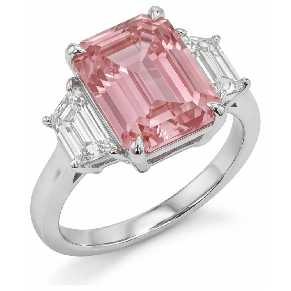 Emerald Lab Grown Padparadscha and Lab Grown Diamond Three Stone Ring 14K White Gold