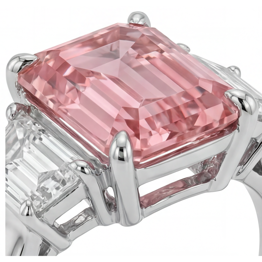 Emerald Lab Grown Padparadscha and Lab Grown Diamond Three Stone Ring 14K White Gold