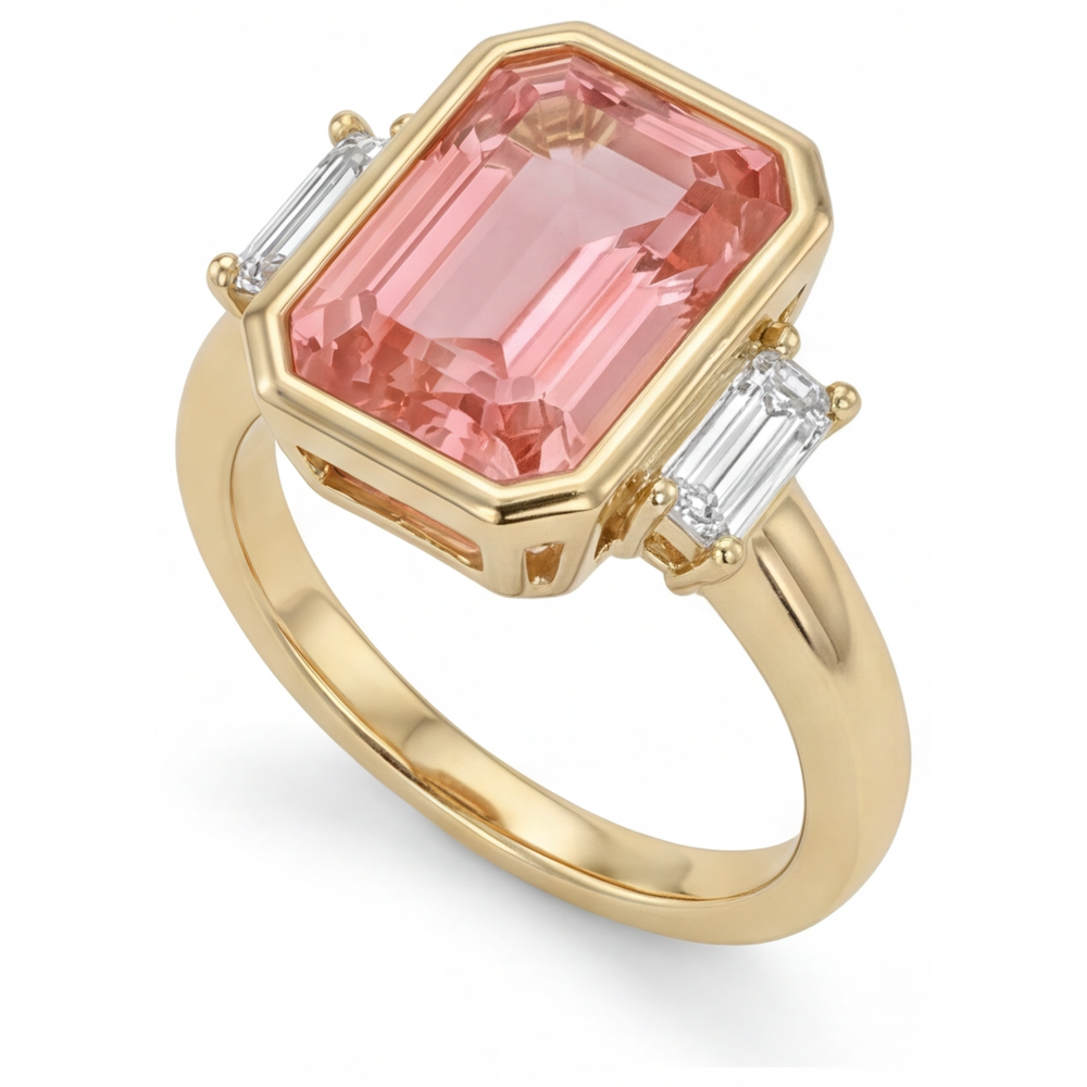 Emerald Lab Grown Padparadscha Bezel Three Stone Ring 14K Yellow Gold