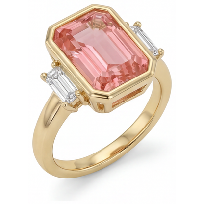 Emerald Lab Grown Padparadscha Bezel Three Stone Ring 14K Yellow Gold