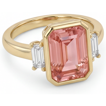 Emerald Lab Grown Padparadscha Bezel Three Stone Ring 14K Yellow Gold