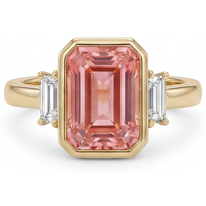 Emerald Lab Grown Padparadscha Bezel Three Stone Ring 14K Yellow Gold