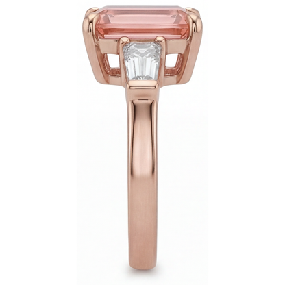 Emerald Lab Grown Padparadscha and Lab Grown Diamond Three Stone Ring 14K Rose Gold