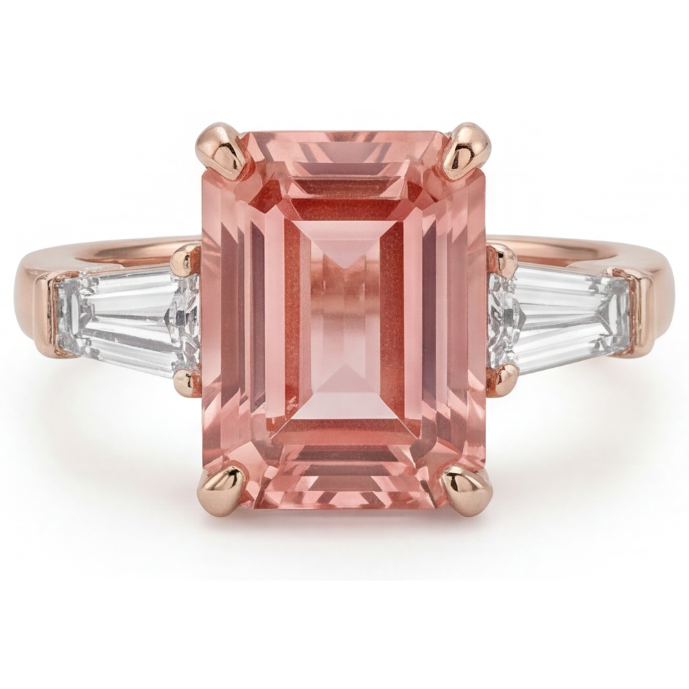 Emerald Lab Grown Padparadscha and Lab Grown Diamond Three Stone Ring 14K Rose Gold