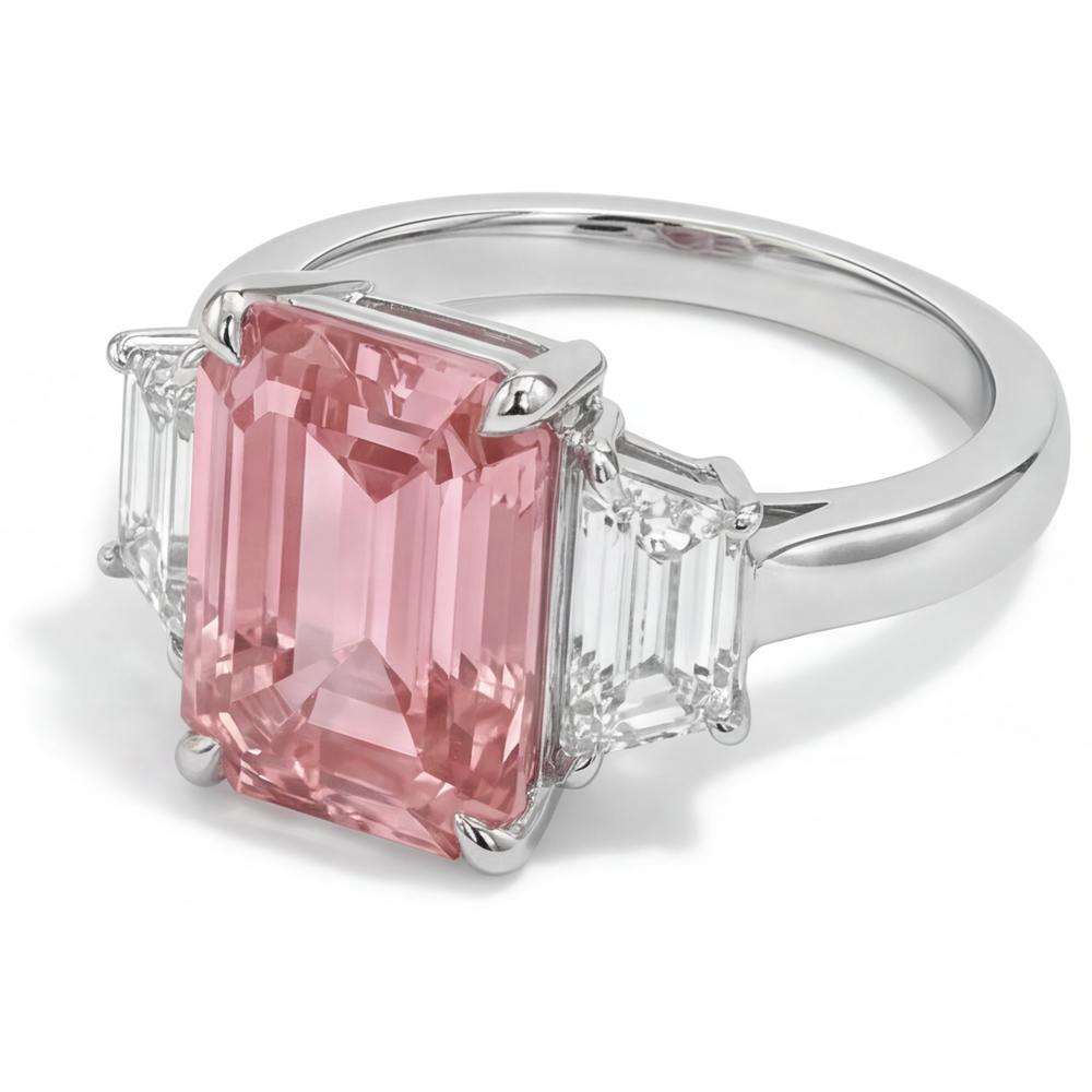 Emerald Lab Grown Padparadscha and Lab Grown Diamond Three Stone Ring 14K White Gold