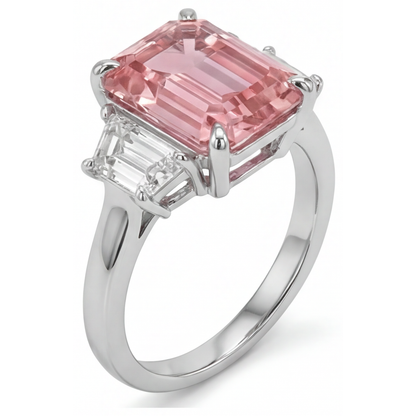 Emerald Lab Grown Padparadscha and Lab Grown Diamond Three Stone Ring 14K White Gold