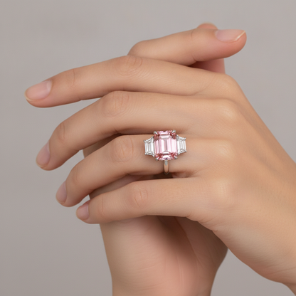 Emerald Lab Grown Padparadscha and Lab Grown Diamond Three Stone Ring 14K White Gold