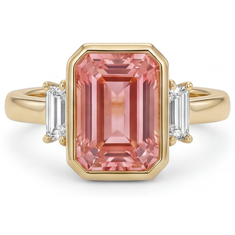Emerald Lab Grown Padparadscha Bezel Three Stone Ring 14K Yellow Gold