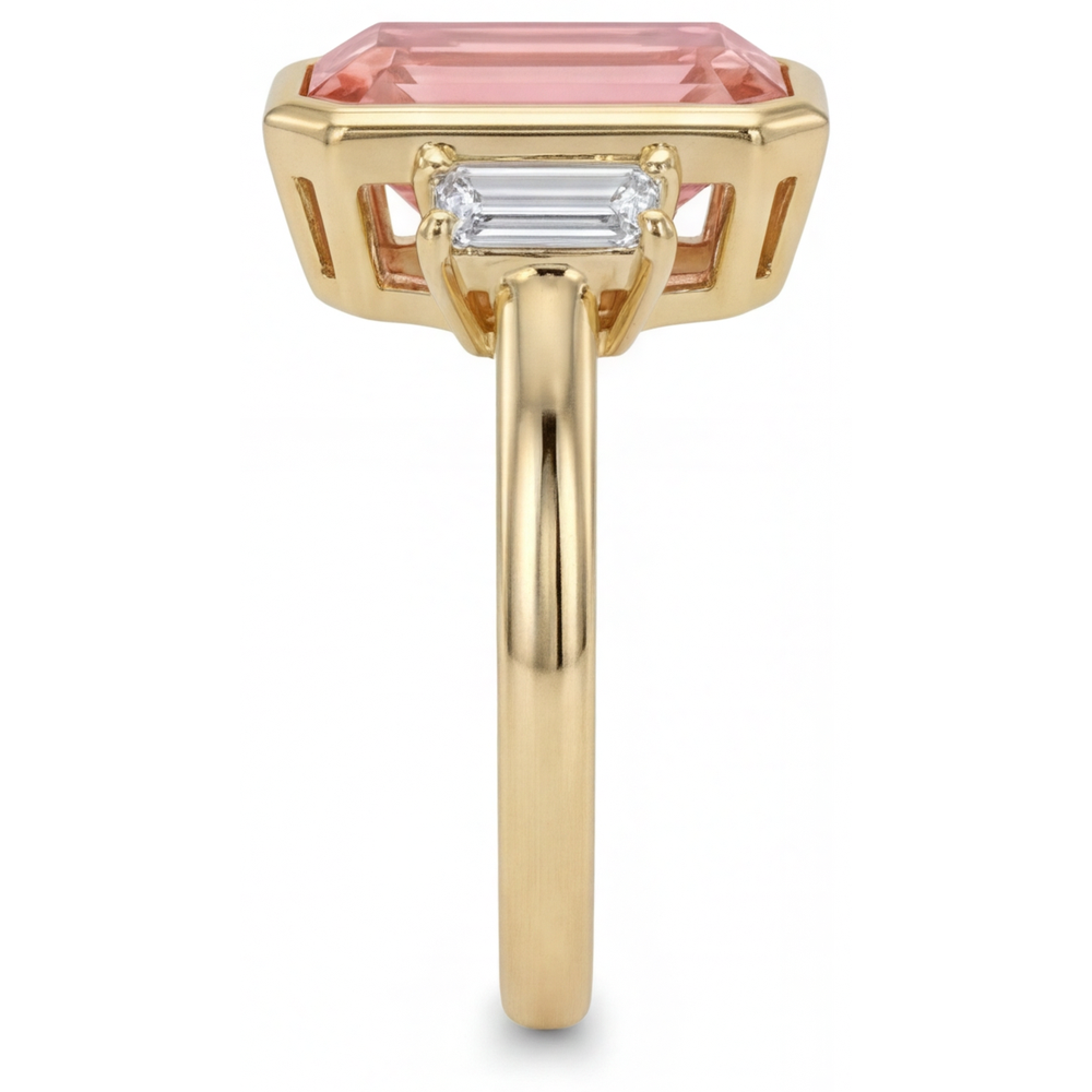 Emerald Lab Grown Padparadscha Bezel Three Stone Ring 14K Yellow Gold