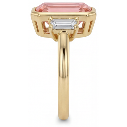 Emerald Lab Grown Padparadscha Bezel Three Stone Ring 14K Yellow Gold
