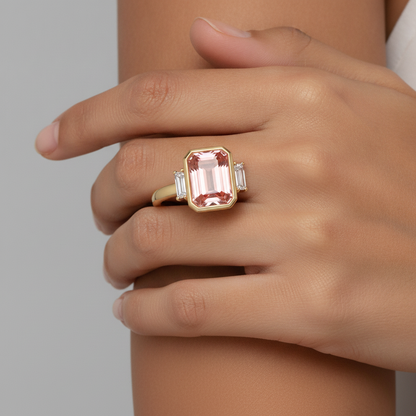 Emerald Lab Grown Padparadscha Bezel Three Stone Ring 14K Yellow Gold
