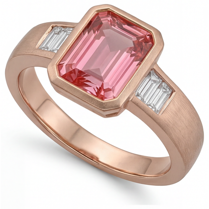 Emerald Padparadscha Bezel Three Stone Ring Natural 14K Rose Gold
