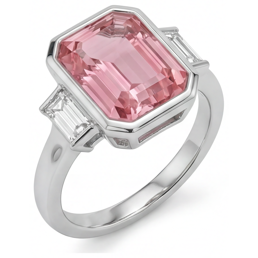 Emerald Padparadscha Bezel Three Stone Ring Natural 14K White Gold