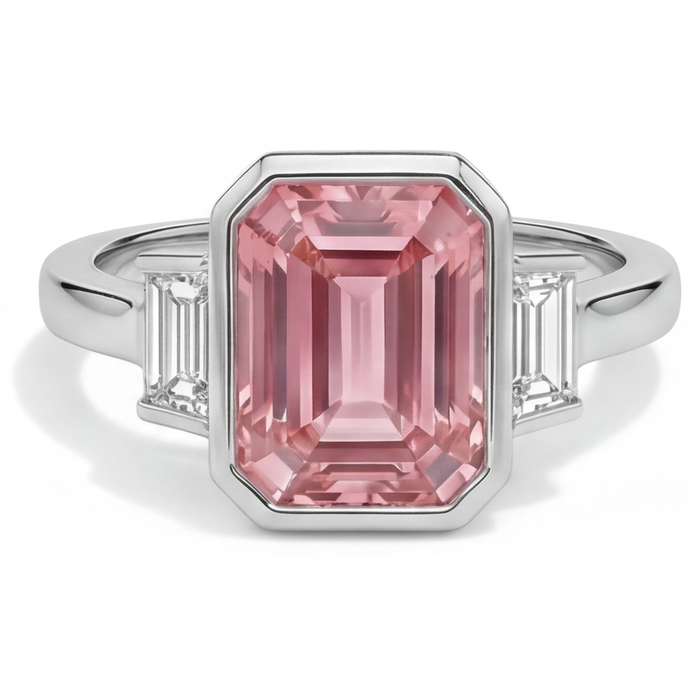 Emerald Padparadscha Bezel Three Stone Ring Natural 14K White Gold