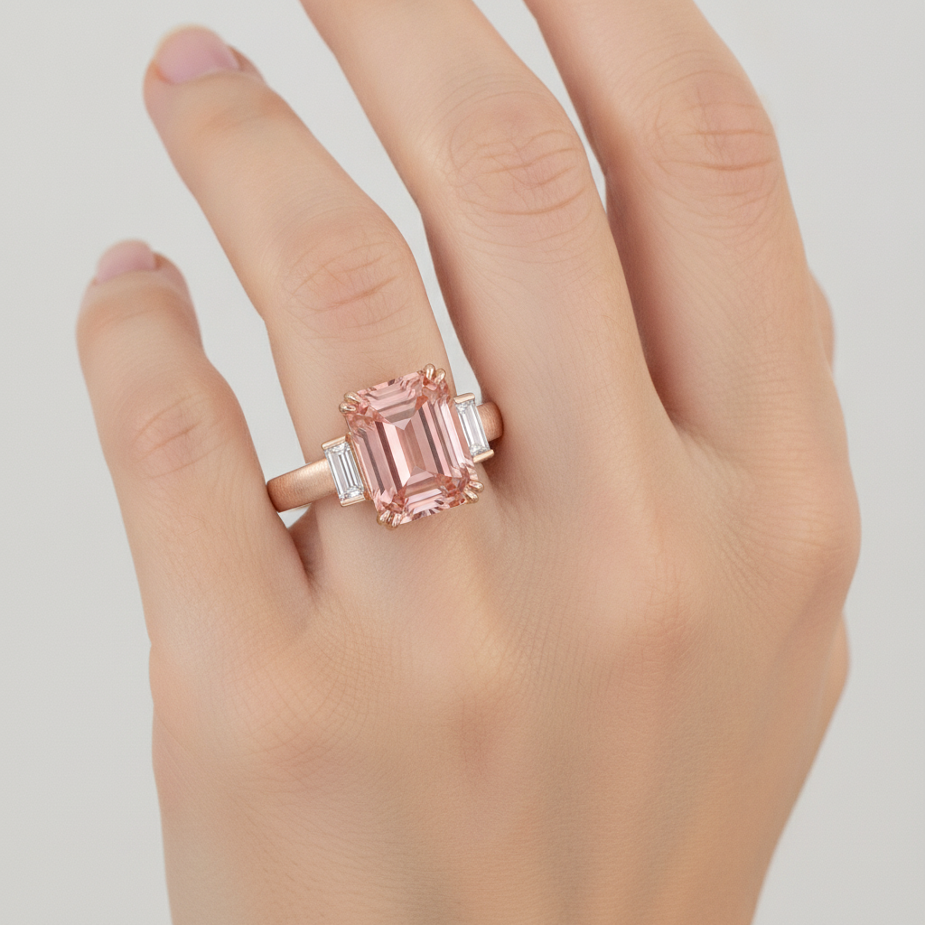 Emerald Padparadscha and White Diamond Three Stone Ring Natural 14K Rose Gold