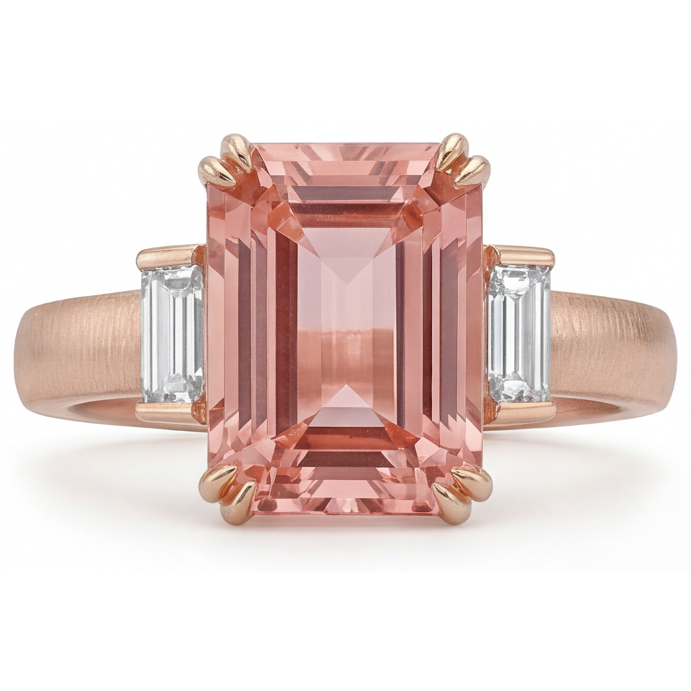 Emerald Padparadscha and White Diamond Three Stone Ring Natural 14K Rose Gold
