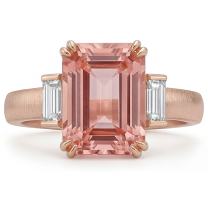 Emerald Padparadscha and White Diamond Three Stone Ring Natural 14K Rose Gold