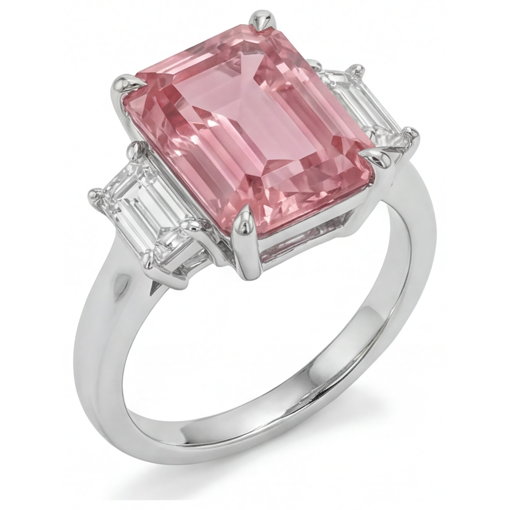 Emerald Padparadscha and White Diamond Three Stone Ring Natural 14K White Gold