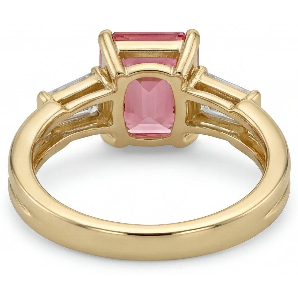 Emerald Padparadscha and White Diamond Three Stone Ring Natural 14K Yellow Gold