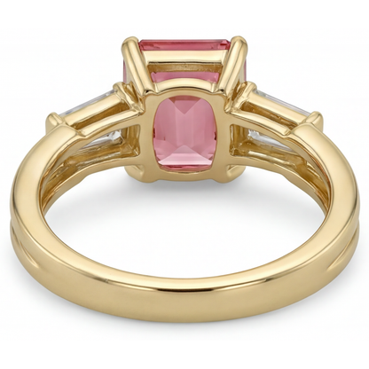 Emerald Padparadscha and White Diamond Three Stone Ring Natural 14K Yellow Gold