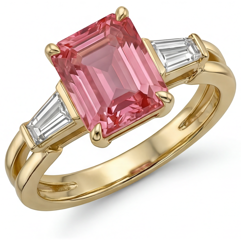 Emerald Padparadscha and White Diamond Three Stone Ring Natural 14K Yellow Gold