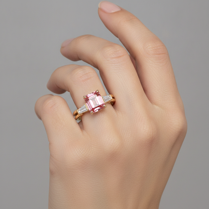 Emerald Padparadscha and White Diamond Three Stone Ring Natural 14K Yellow Gold