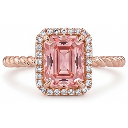 Emerald Padparadscha and White Diamond Halo Ring Natural 14K Rose Gold