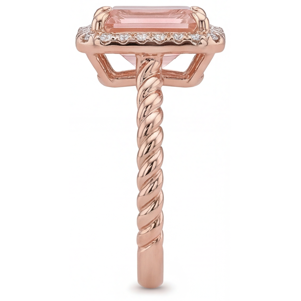 Emerald Padparadscha and White Diamond Halo Ring Natural 14K Rose Gold