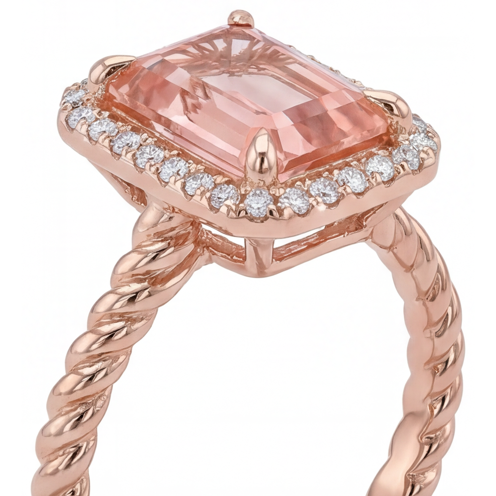 Emerald Padparadscha and White Diamond Halo Ring Natural 14K Rose Gold