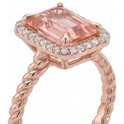 Emerald Padparadscha and White Diamond Halo Ring Natural 14K Rose Gold