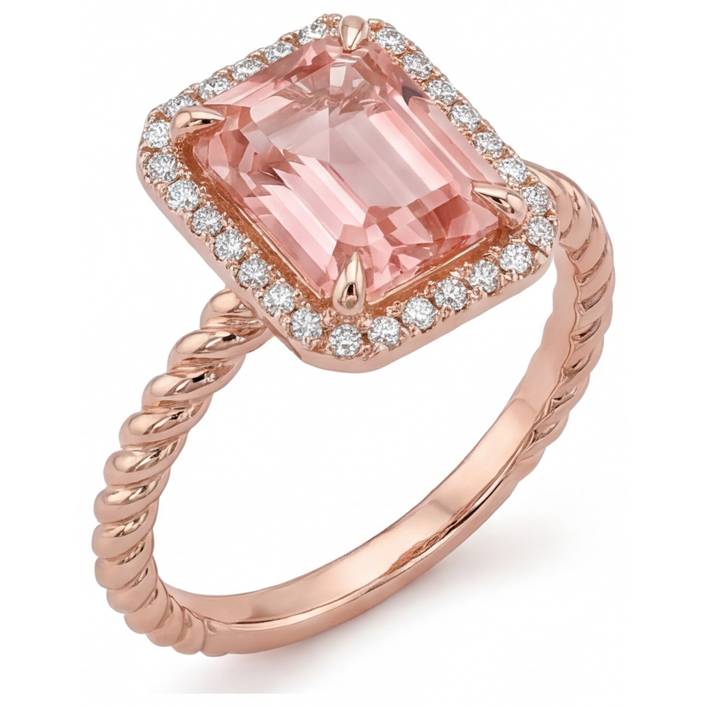 Emerald Padparadscha and White Diamond Halo Ring Natural 14K Rose Gold