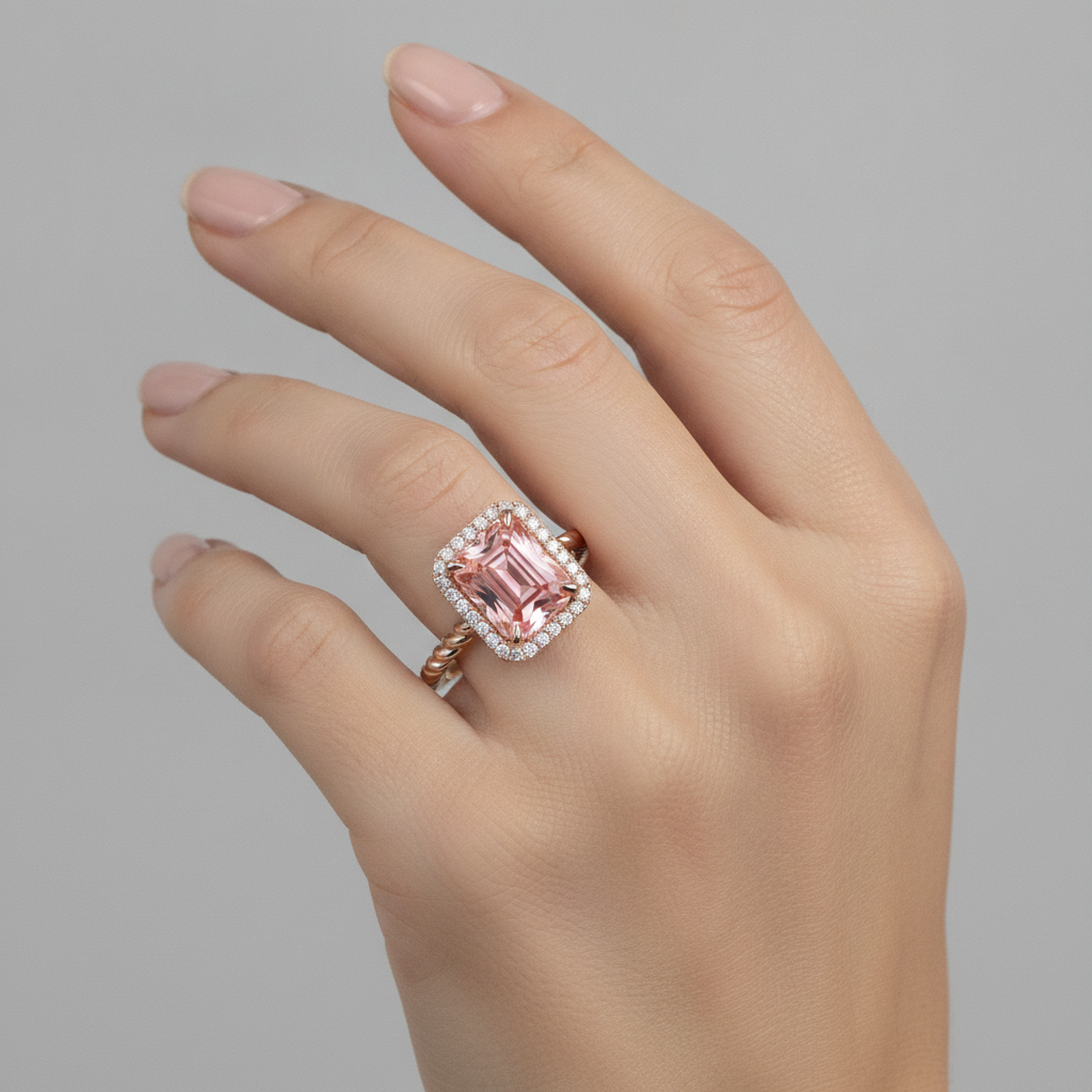 Emerald Padparadscha and White Diamond Halo Ring Natural 14K Rose Gold