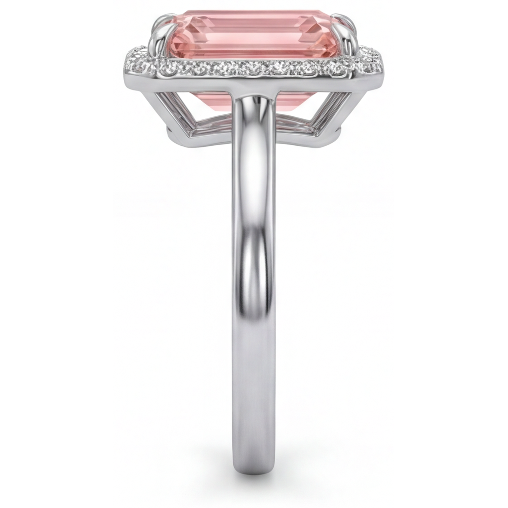 Emerald Padparadscha and White Diamond Halo Ring Natural 14K White Gold