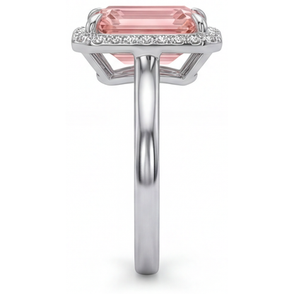 Emerald Padparadscha and White Diamond Halo Ring Natural 14K White Gold