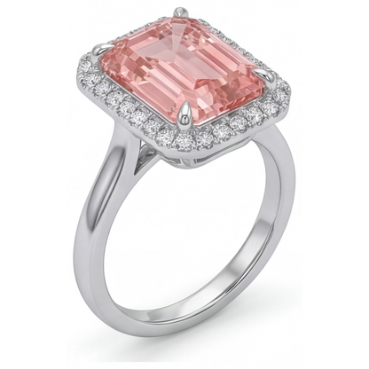 Emerald Padparadscha and White Diamond Halo Ring Natural 14K White Gold