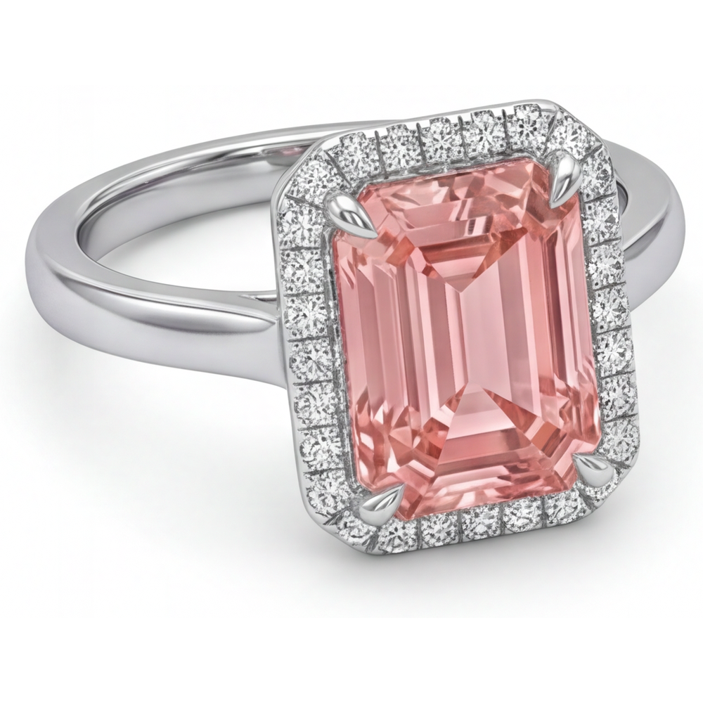 Emerald Padparadscha and White Diamond Halo Ring Natural 14K White Gold